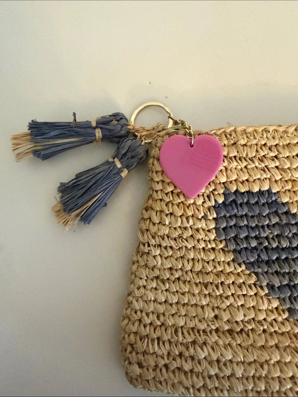Aerin Natural Straw Cosmetic Pouch with Gray Heart